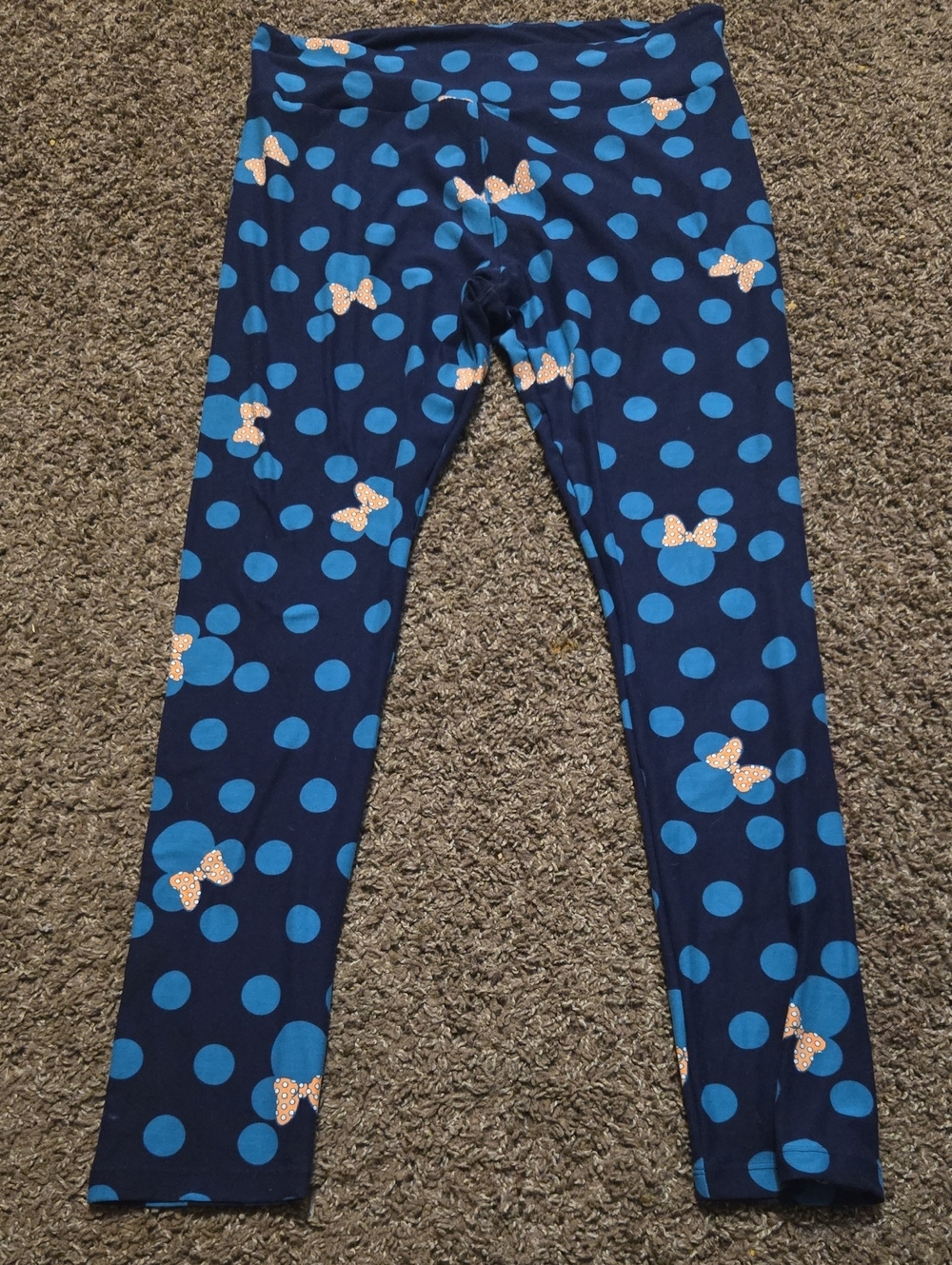 Disney LuLaRoe Navy Leggings with Bright Blue Polka Dots and Peach Bows